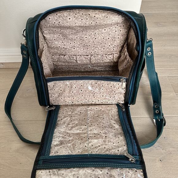 ROPIN WEST VANITY TRAVEL BAG CASE GENUINE HAND TOOLED LEATHER TURQUOISE GREEN - Picture 5 of 13